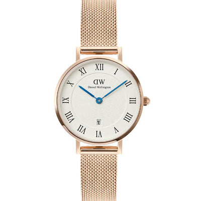 Daniel Wellington Petite Roman Numerals Date Rose Gold White Dial Women 28mm DW00100856