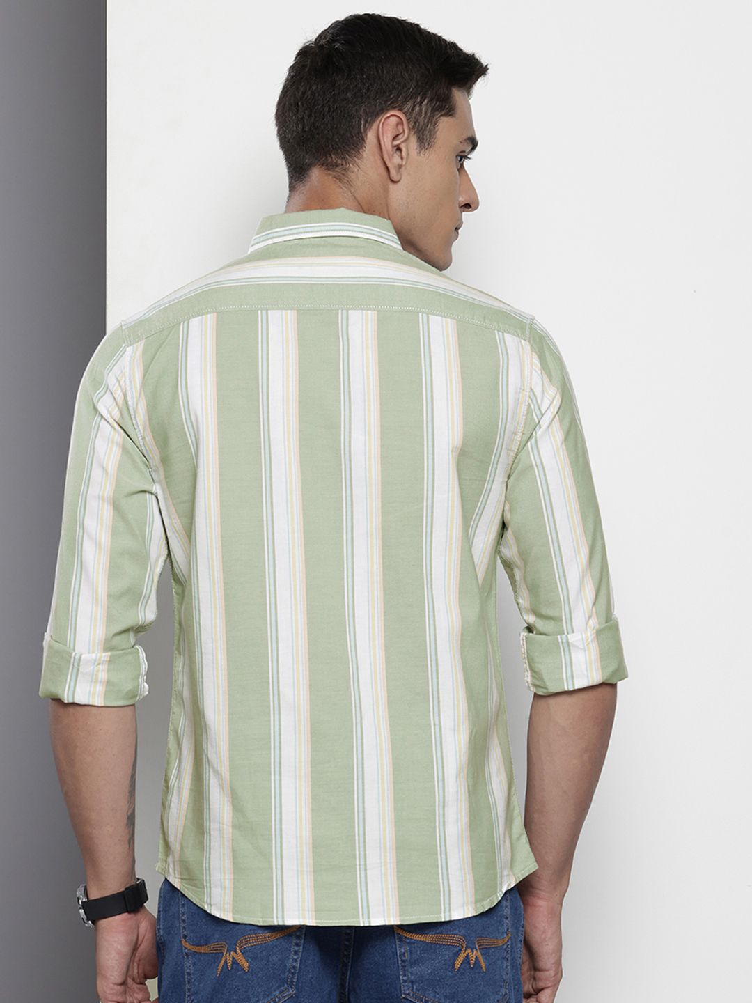 Men's Green Slim Fit Striped Casual Shirt