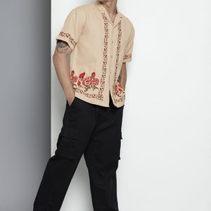 Men's Khaki Relaxed Fit Solid Resort Wear Shirt