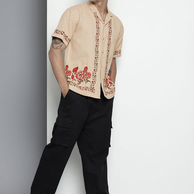 Men's Khaki Relaxed Fit Solid Resort Wear Shirt