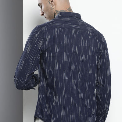 Men's Navy Blue Slim Fit Striped Casual Shirt