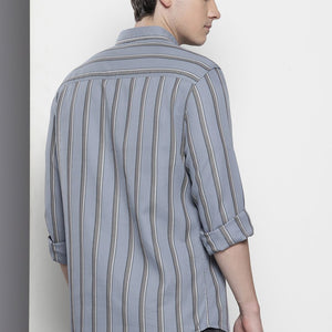 Men's Grey Slim Fit Striped Casual Shirt