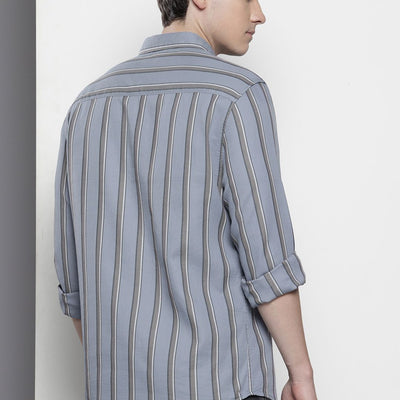 Men's Grey Slim Fit Striped Casual Shirt