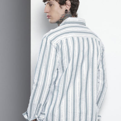 Men's Green Relaxed Fit Striped Resort Wear Shirt