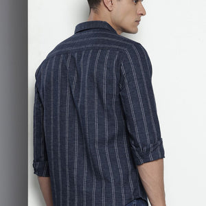 Men's Navy Blue Slim Fit Striped Casual Shirt