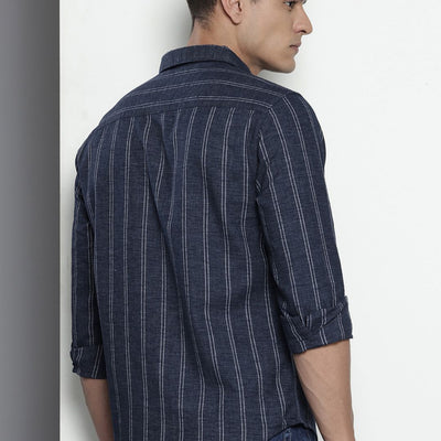 Men's Navy Blue Slim Fit Striped Casual Shirt