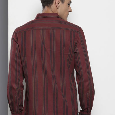 Men's Maroon Slim Fit Striped Casual Shirt