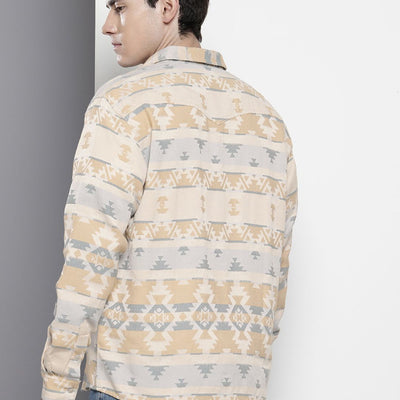 Men's Beige Relaxed Fit Textured Resort Wear Shirt