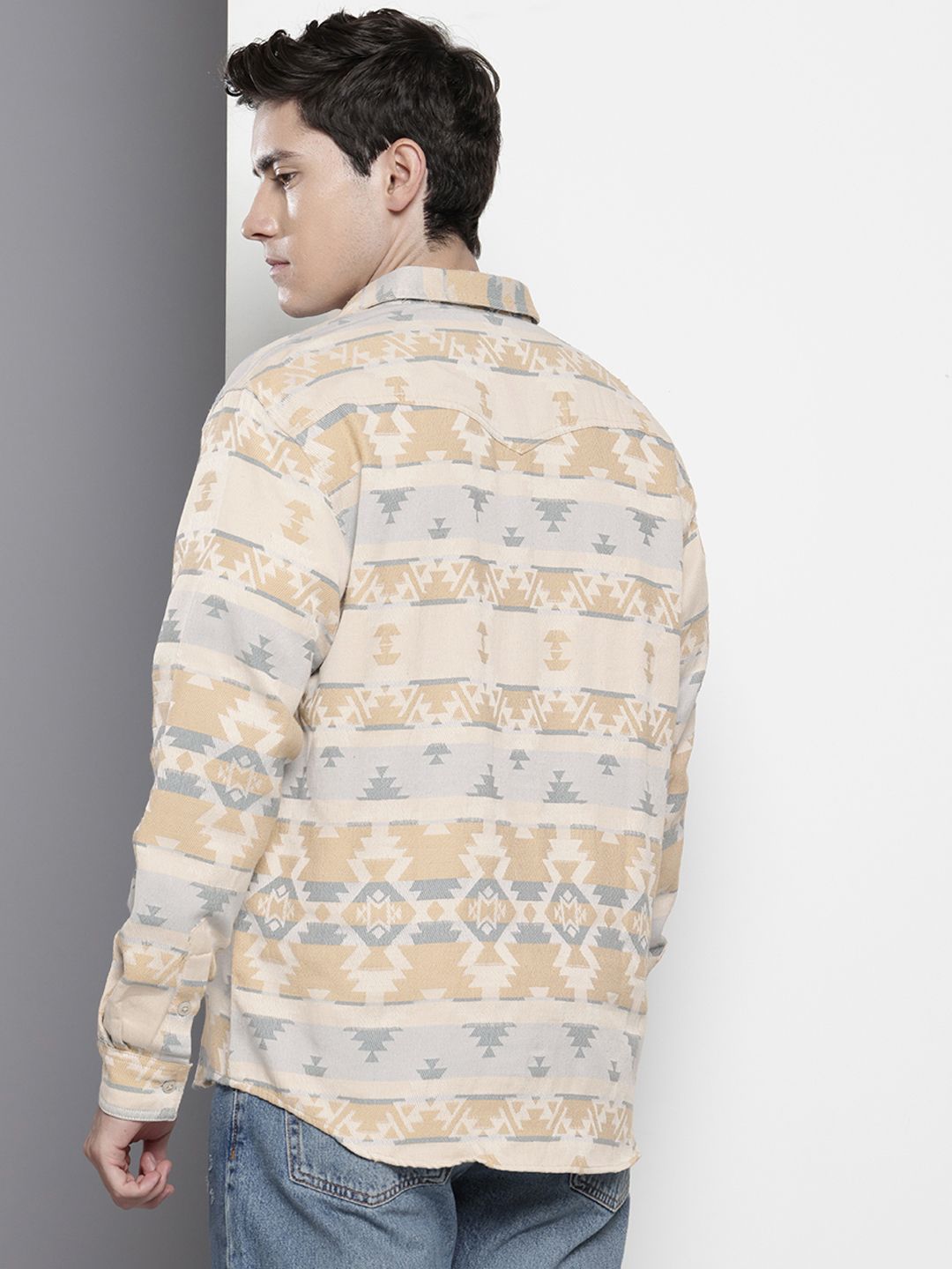 Men's Beige Relaxed Fit Textured Resort Wear Shirt