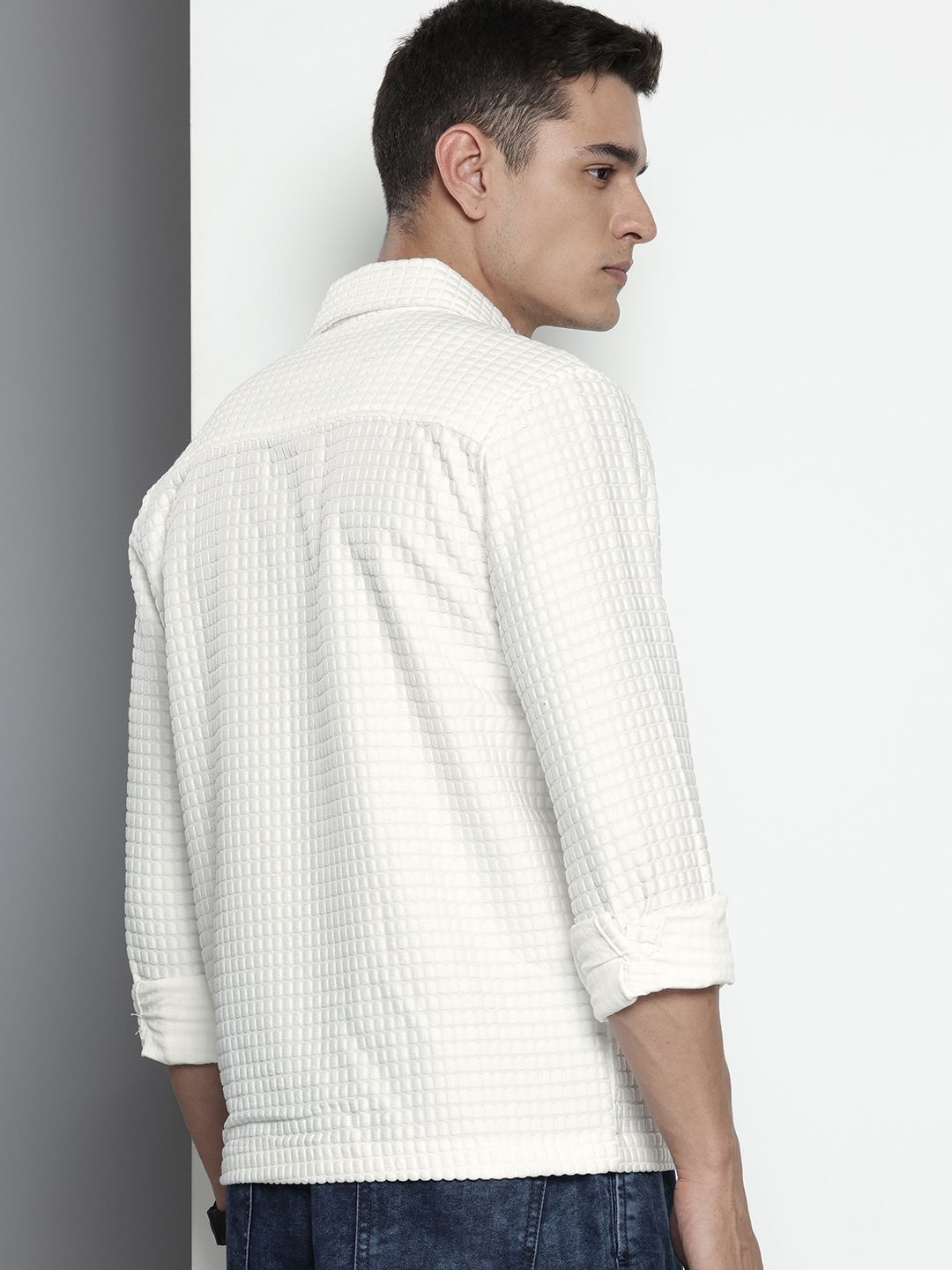 Men's White Regular Fit Textured Resort Wear Shirt