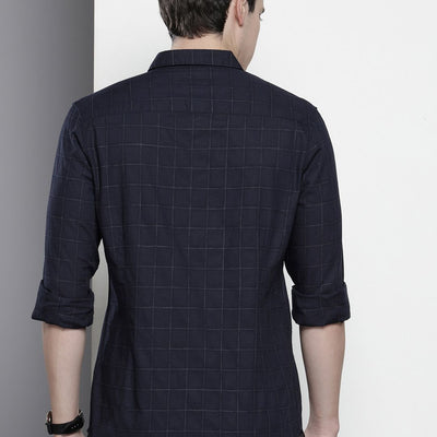 Men's Navy Blue Slim Fit Checked Party Wear Shirt