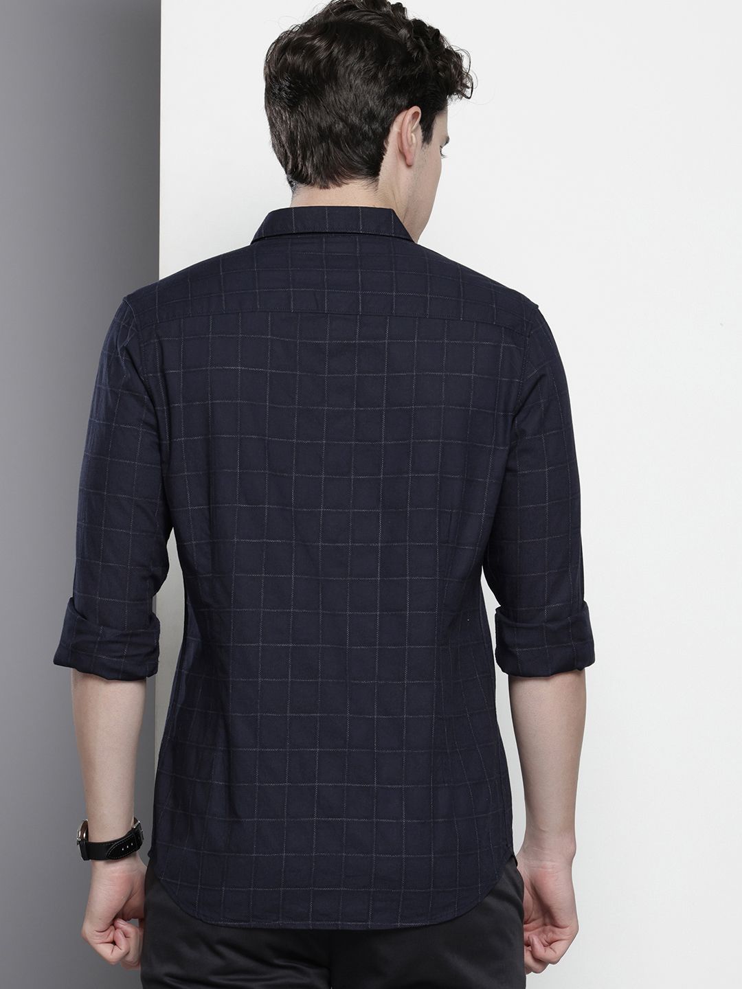 Men's Navy Blue Slim Fit Checked Party Wear Shirt