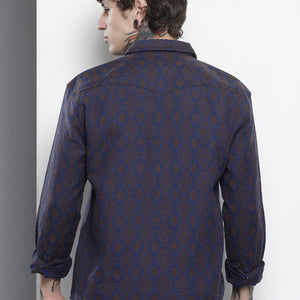 Men's Navy Blue Relaxed Fit Textured Resort Wear Shirt