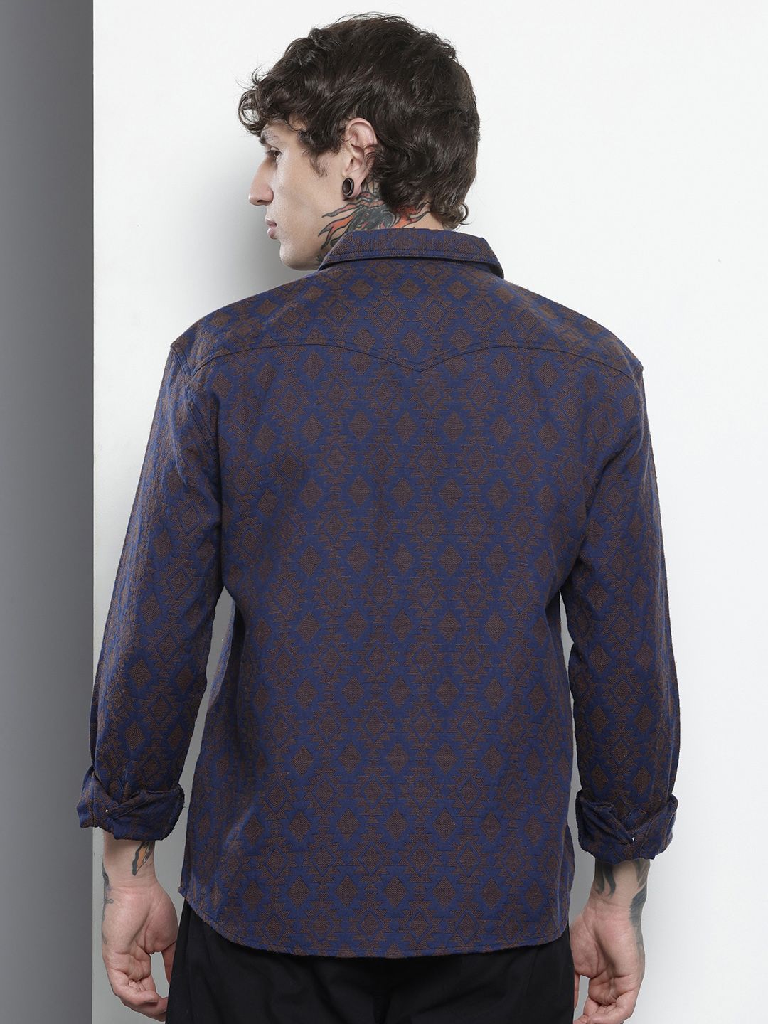 Men's Navy Blue Relaxed Fit Textured Resort Wear Shirt