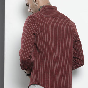 Men's Maroon Slim Fit Striped Casual Shirt