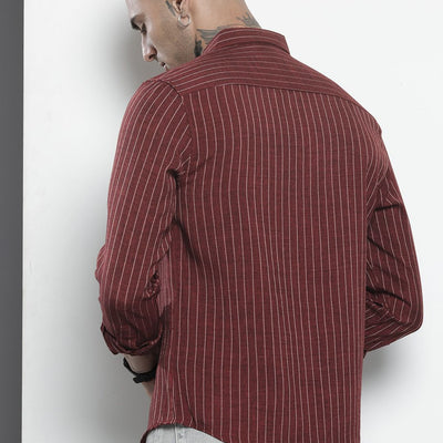 Men's Maroon Slim Fit Striped Casual Shirt
