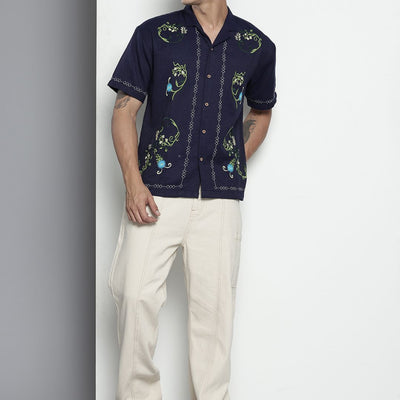 Men's Blue Relaxed Fit Solid Resort Wear Shirt