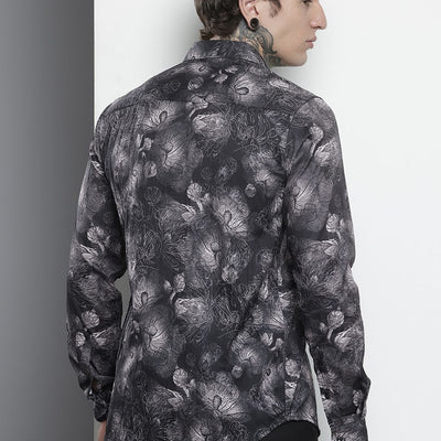 Men's Black Slim Fit Abstract Print Party Wear Shirt