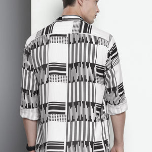 Men's Black Relaxed Fit Geometric Print Resort Wear Shirt