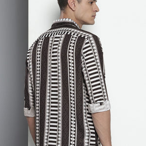 Men's Black Relaxed Fit Aztec Printed Resort Wear Shirt