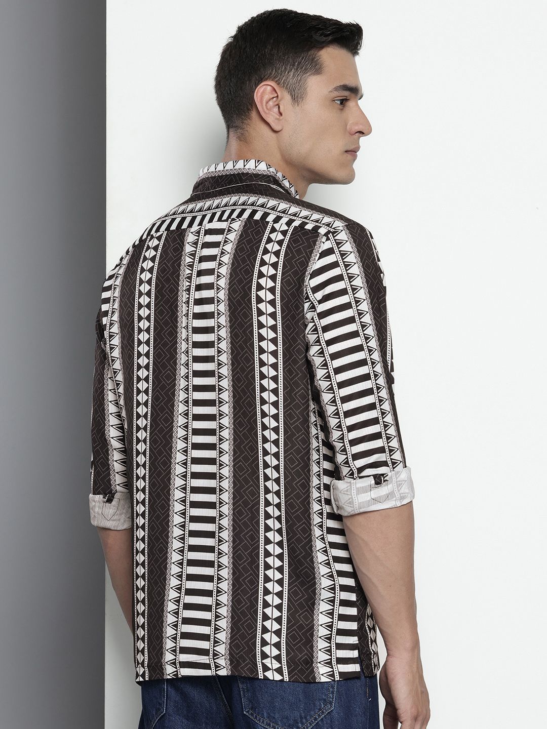 Men's Black Relaxed Fit Aztec Printed Resort Wear Shirt