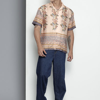 Men's Beige Relaxed Fit Indie Resort Wear Shirt