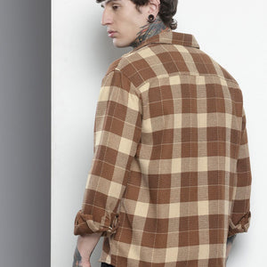 Men's Brown Relaxed Fit Checked Resort Wear Shirt