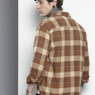 Men's Brown Relaxed Fit Checked Resort Wear Shirt