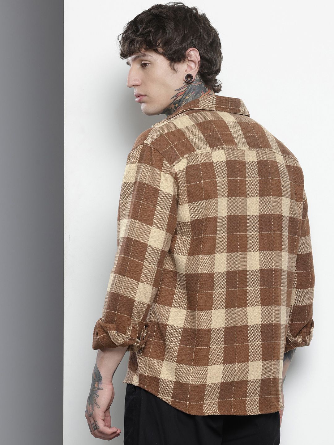 Men's Brown Relaxed Fit Checked Resort Wear Shirt