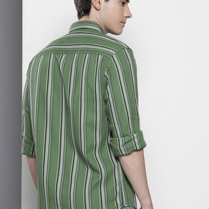 Men's Green Slim Fit Striped Casual Shirt