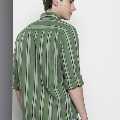 Men's Green Slim Fit Striped Casual Shirt