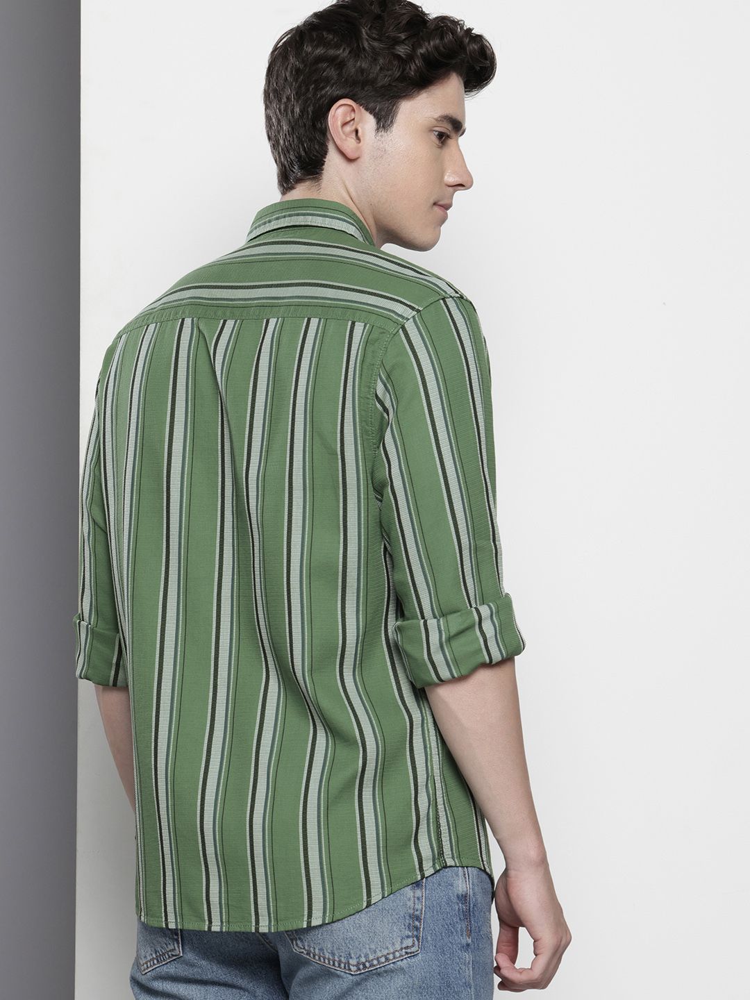 Men's Green Slim Fit Striped Casual Shirt