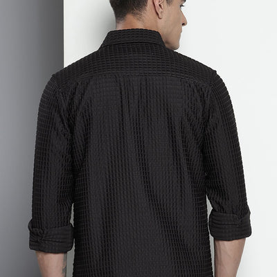 Men's Black Regular Fit Textured Resort Wear Shirt