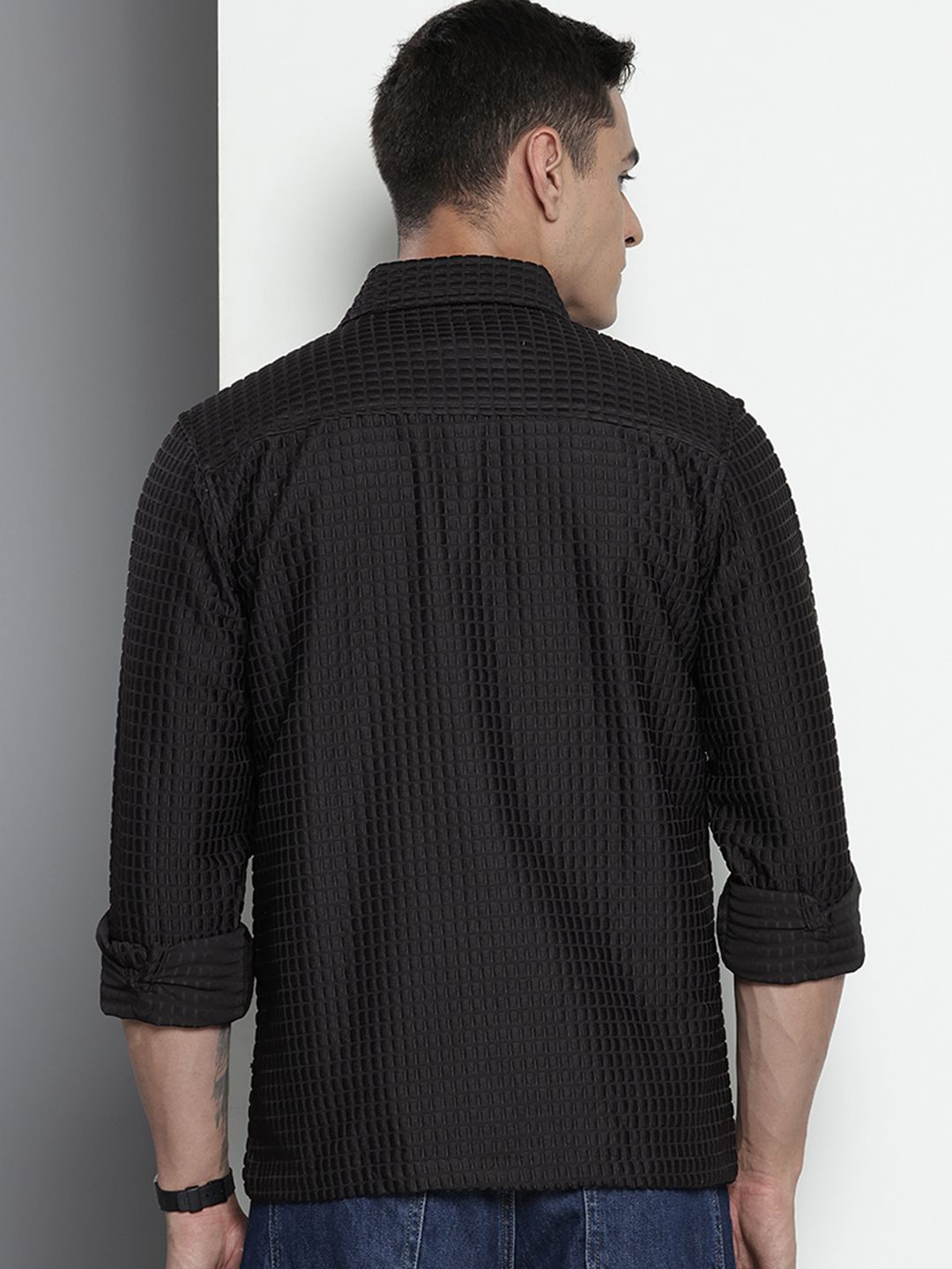 Men's Black Regular Fit Textured Resort Wear Shirt