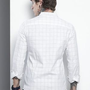 Men's White Slim Fit Checked Party Wear Shirt