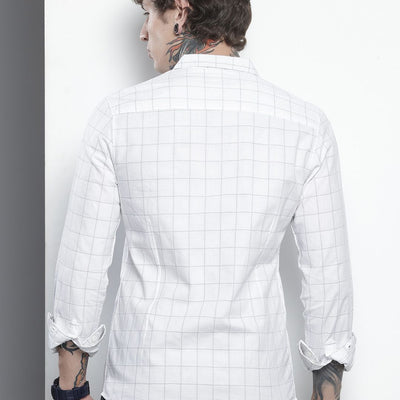 Men's White Slim Fit Checked Party Wear Shirt