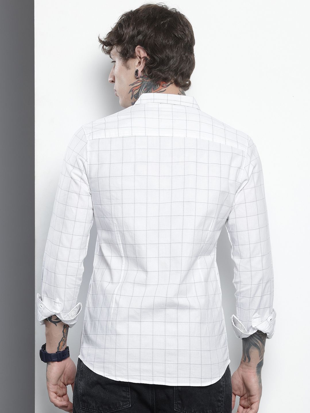 Men's White Slim Fit Checked Party Wear Shirt