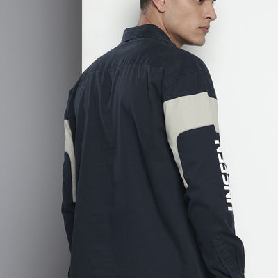 Men's Navy Blue Regular Fit Graphic Print Street Wear Overshirt