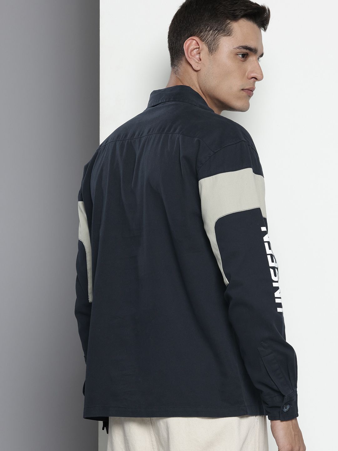 Men's Navy Blue Regular Fit Graphic Print Street Wear Overshirt