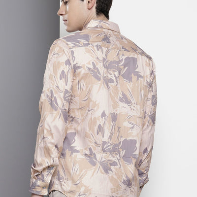 Men's Beige Slim Fit Abstract Print Party Wear Shirt
