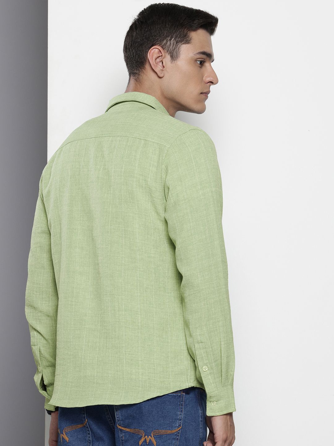 Men's Green Slim Fit Vertical Striped Casual Shirt