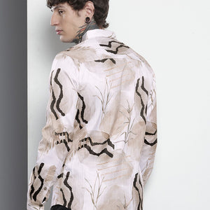 Men's Cream Slim Fit Abstract Print Party Wear Shirt