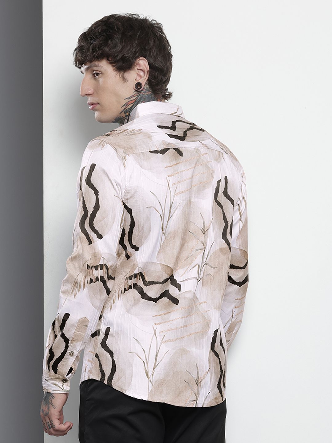 Men's Cream Slim Fit Abstract Print Party Wear Shirt