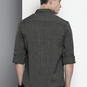 Men's Charcoal Slim Fit Striped Casual Shirt