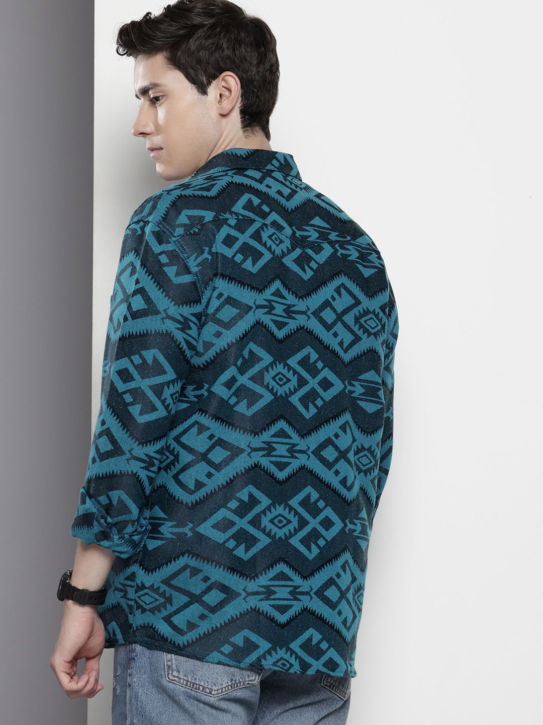 Men's Blue Relaxed Fit Textured Resort Wear Shirt