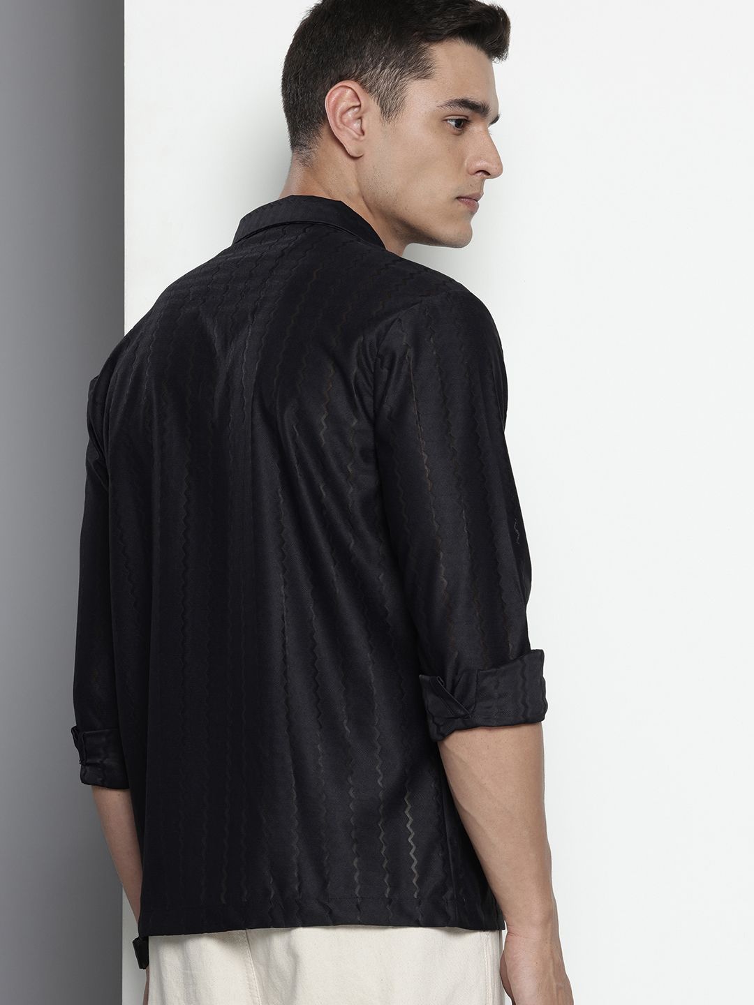 Men's Black Relaxed Fit Textured Resort Wear Shirt