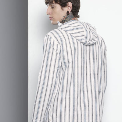 Men's Grey Relaxed Fit Vertical Stripes Resort Wear Shirt