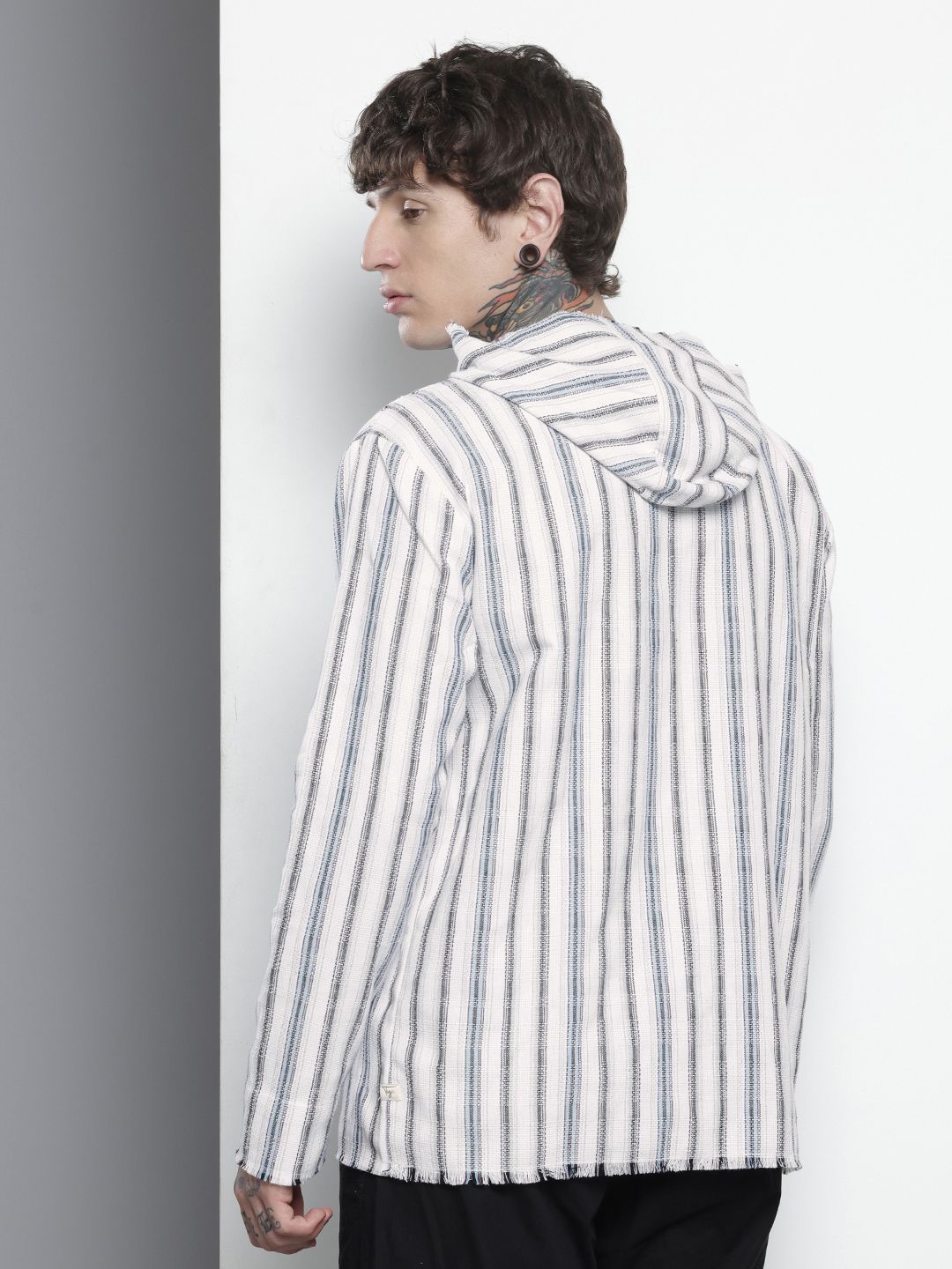 Men's Grey Relaxed Fit Vertical Stripes Resort Wear Shirt