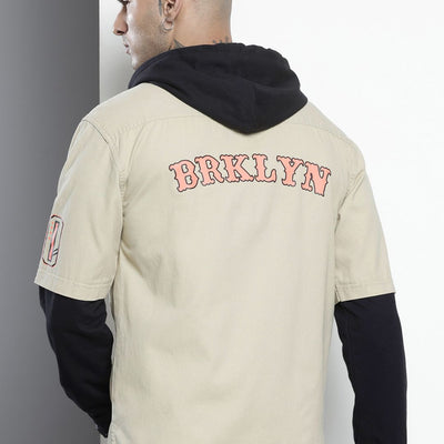 Men's Cream Regular Fit Graphic Print Street Wear Overshirt