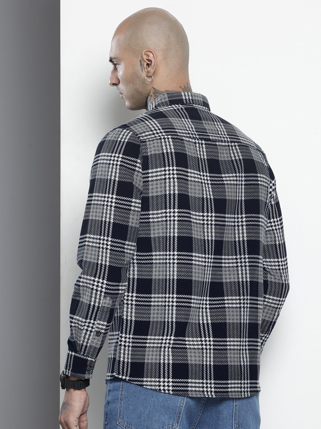 Men's Black Regular Fit Checked Casual Overshirt